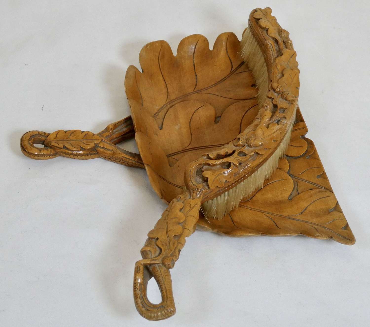 19th Century Carved Wood Crumb Tray and Brush
