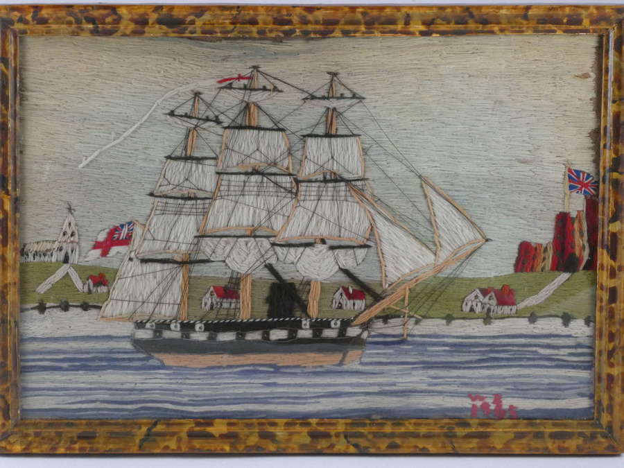 A Victorian Needlework Picture of a Ship