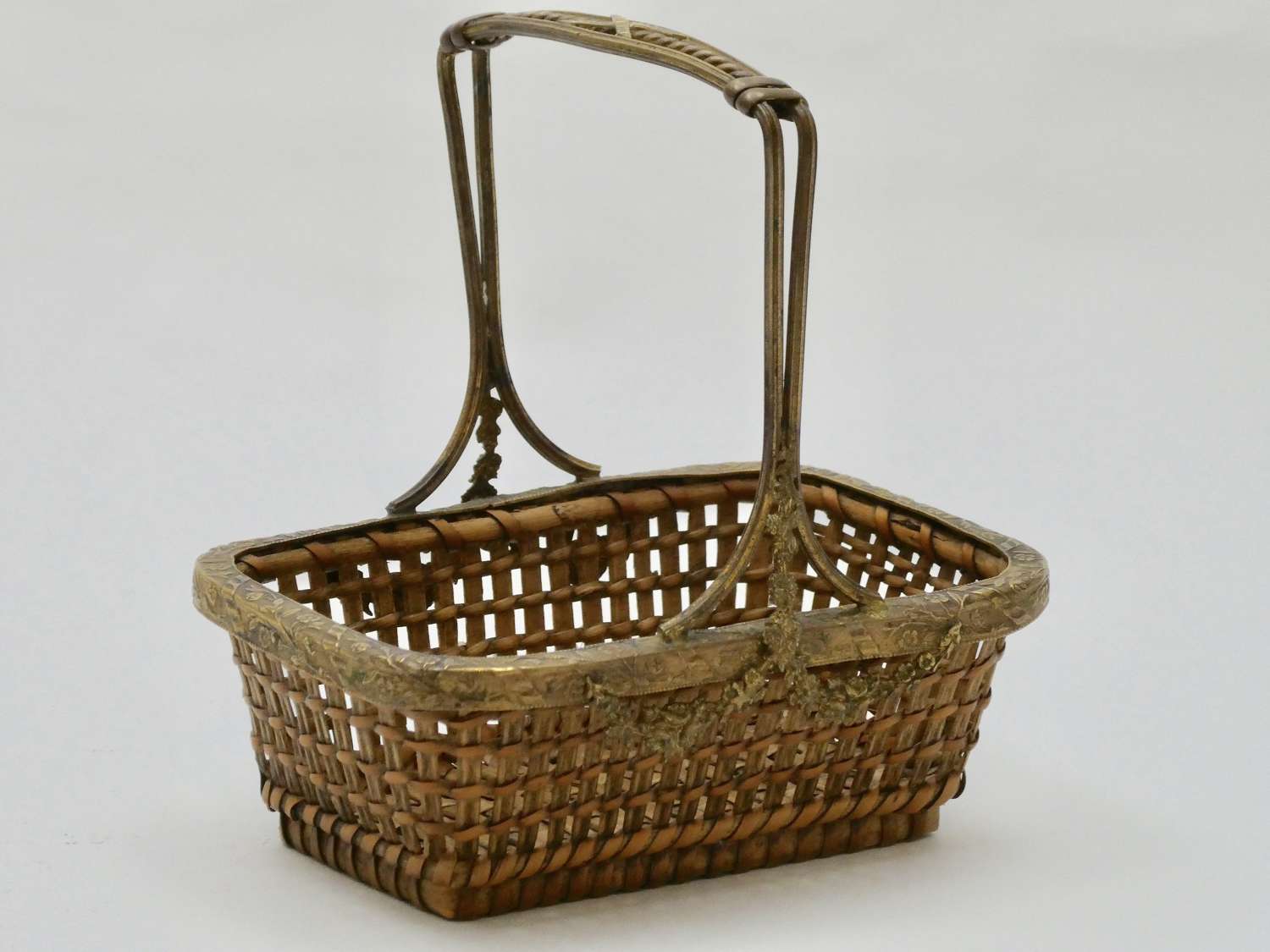 19th Century Wicker Work Basket with Gilt Mounts